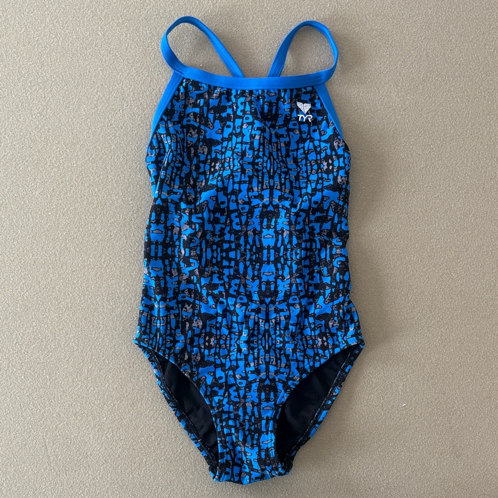 TYR Diamondback Women’s Competition Swimsuit Size 28 Thin Strap Blue Black